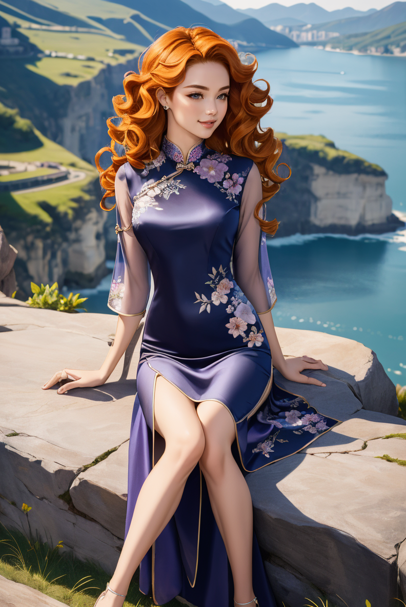 00136-full body, (ginger wavy hair_1.3), woman,  smile, ch30ngs4m_1, long silk cheongsam, silver and pale lavender embroidered flowers.png